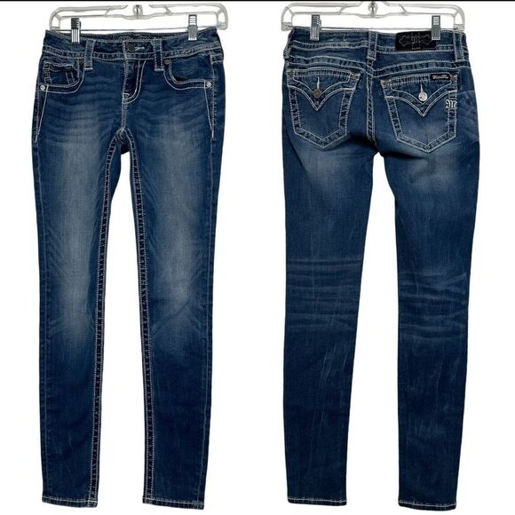Miss Me Jeans Size 26 Signature Skinny Low Rise Flap Pockets Embroidered Biker - Picture 1 of 12